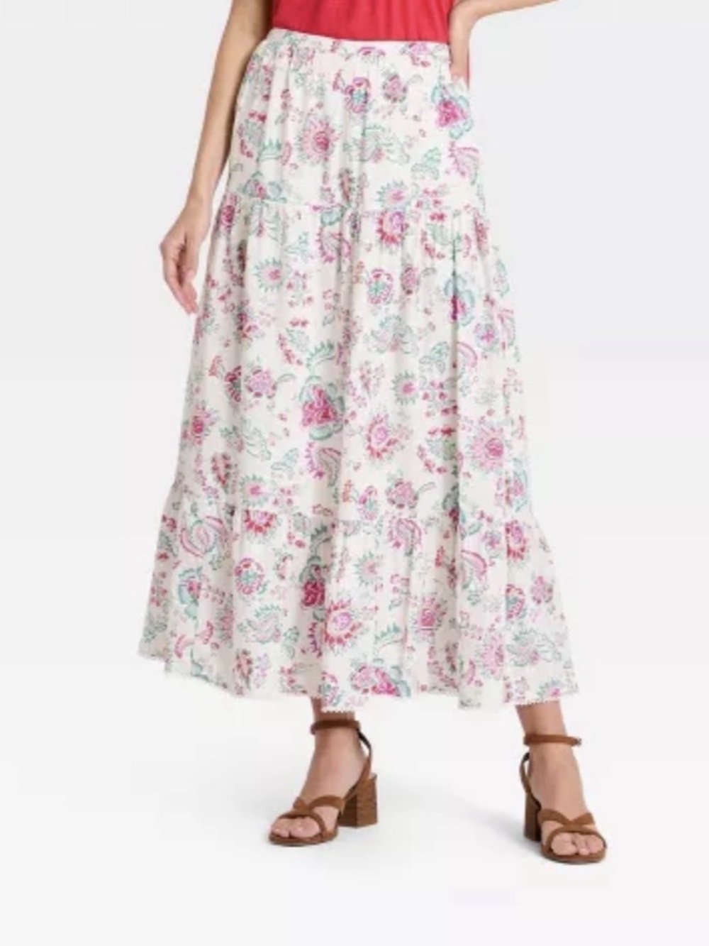 Universal Thread Women's Printed Maxi Tiered Full Skirt Cream Floral Paisley S